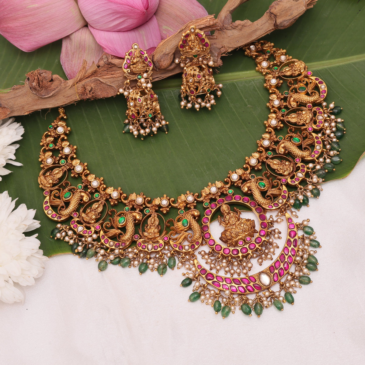 3D Laxmi Necklace Red/Green/White Stone Short Necklace