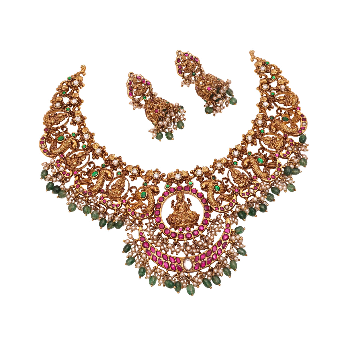 3D Laxmi Necklace Red/Green/White Stone Short Necklace