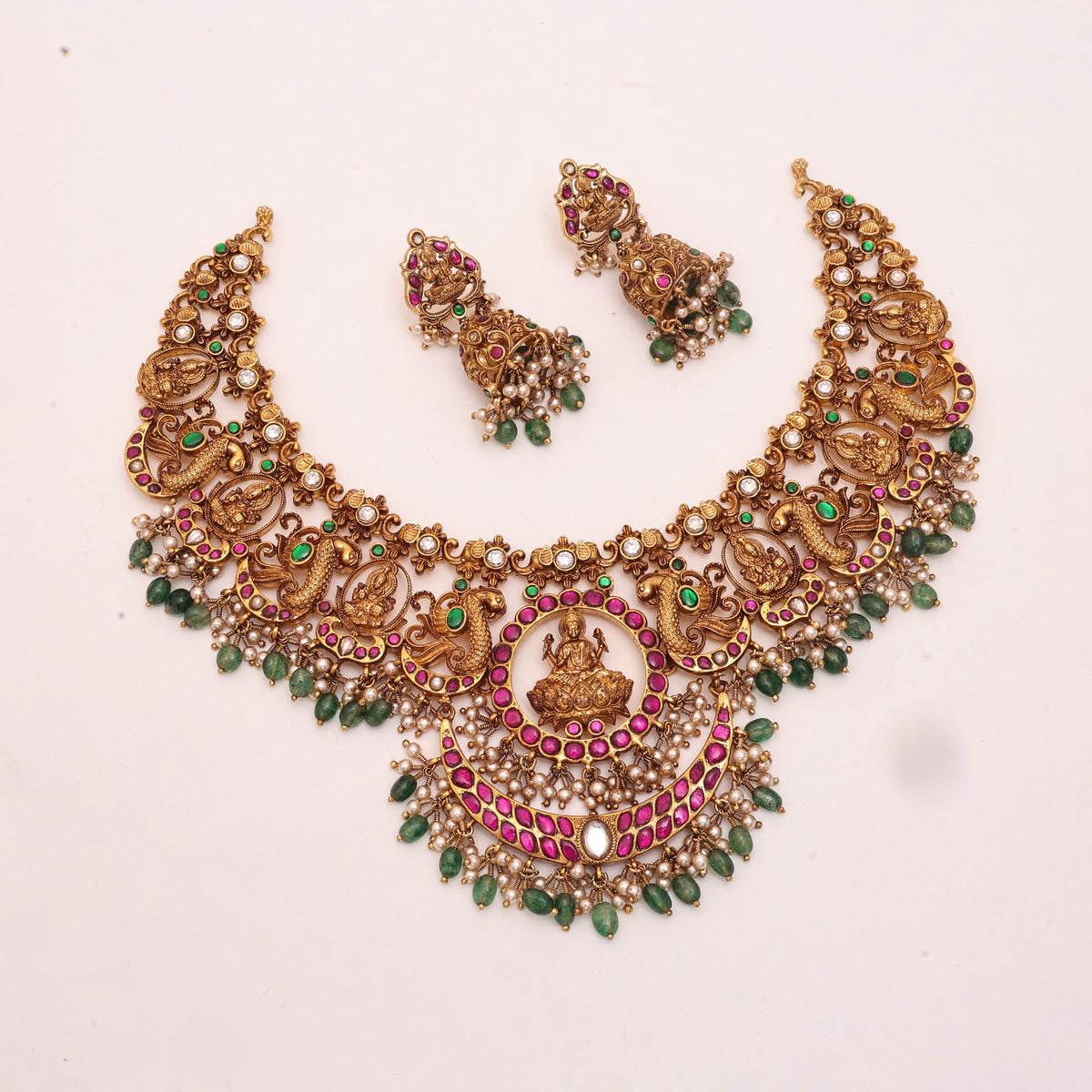 3D Laxmi Necklace Red/Green/White Stone Short Necklace