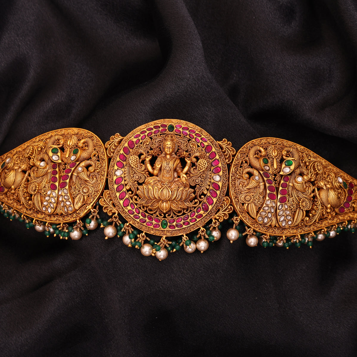 3D Laxmi Belt REd/Green/White Stone Pearl Green beads Hanging
