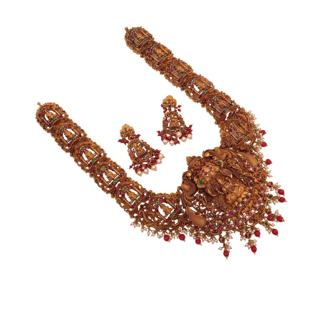 3D Laxmi Necklace Pearl Beads Moonga Hangings Red/White/Green Stone