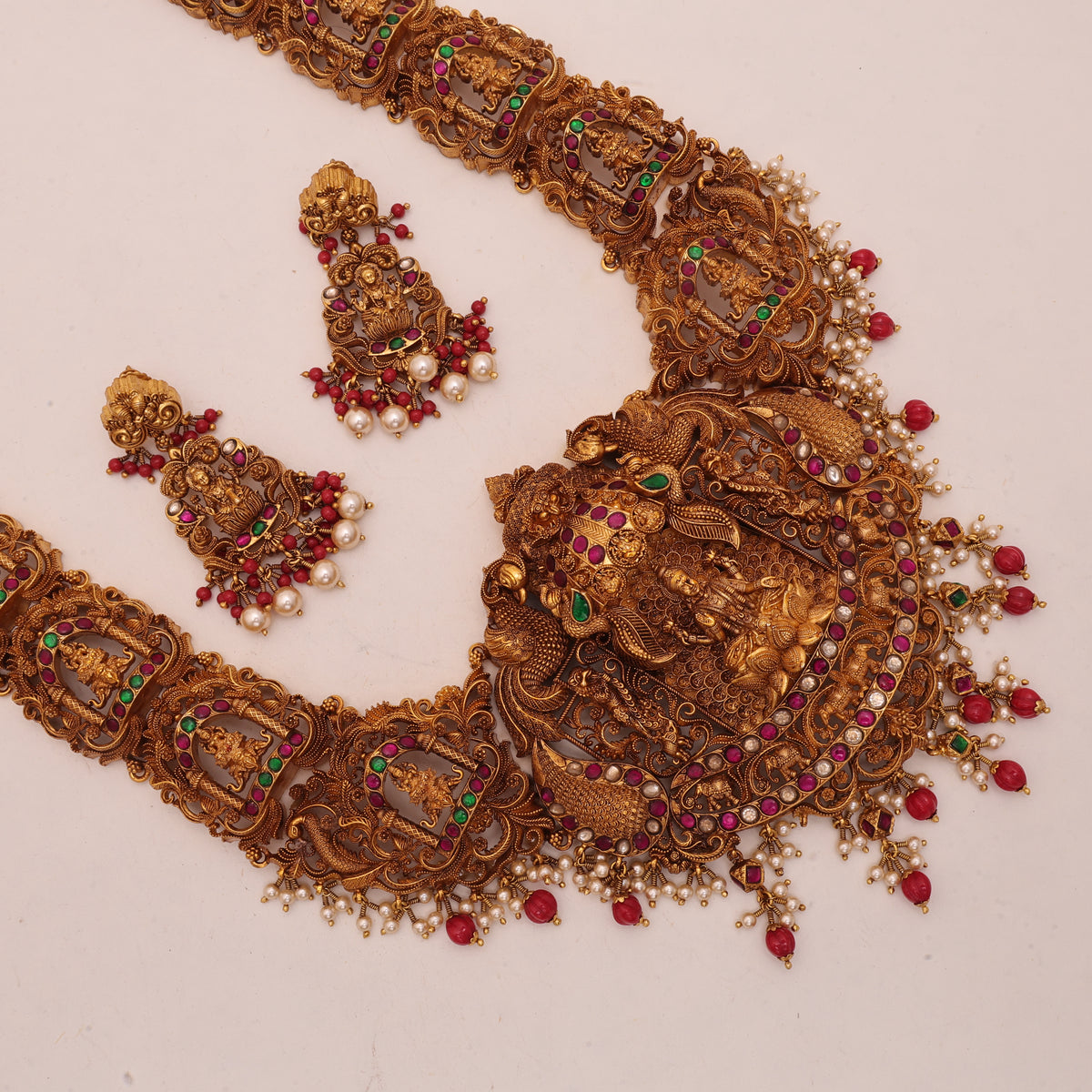 3D Laxmi Necklace Pearl Beads Moonga Hangings Red/White/Green Stone