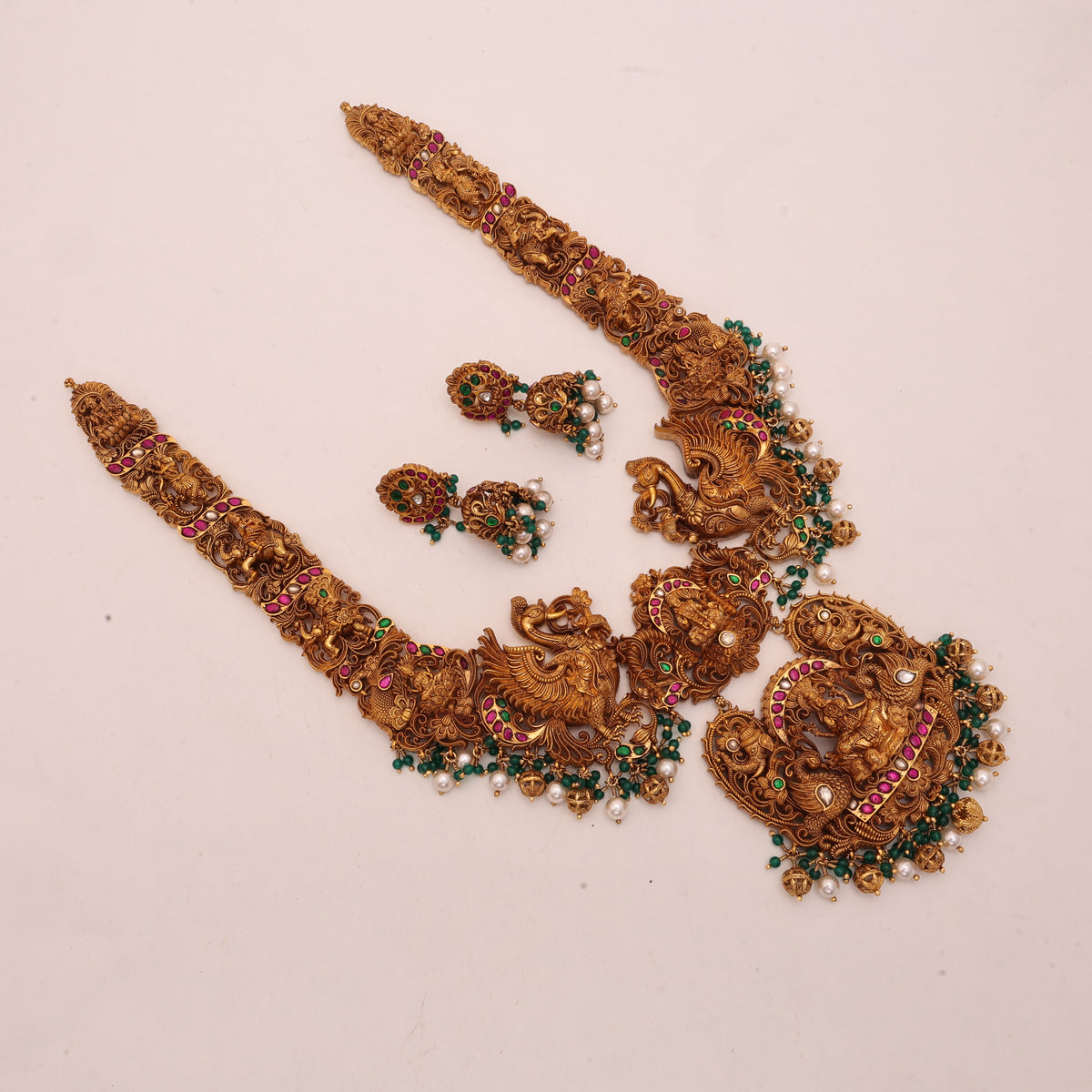 3D Laxmi Necklace (Red/Green/White) Stone /Pearl Green Beads Hangings