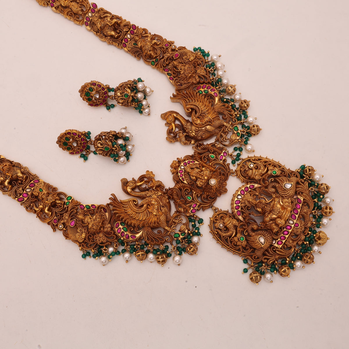 3D Laxmi Necklace (Red/Green/White) Stone /Pearl Green Beads Hangings