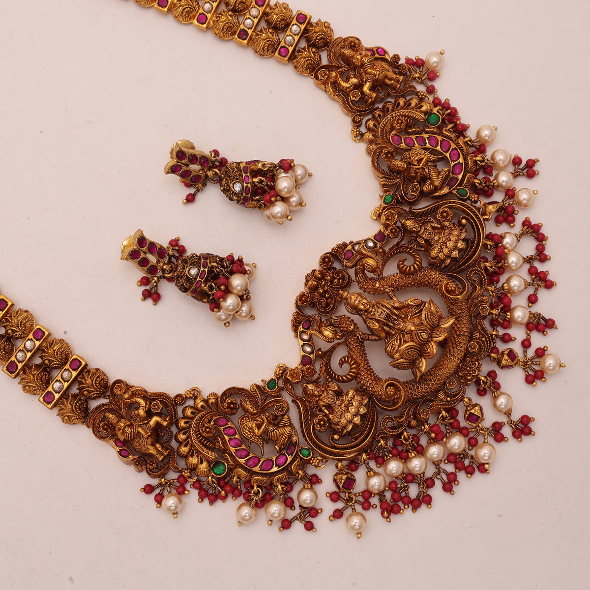 3D Laxmi Necklace Pearl Moonga Hanging