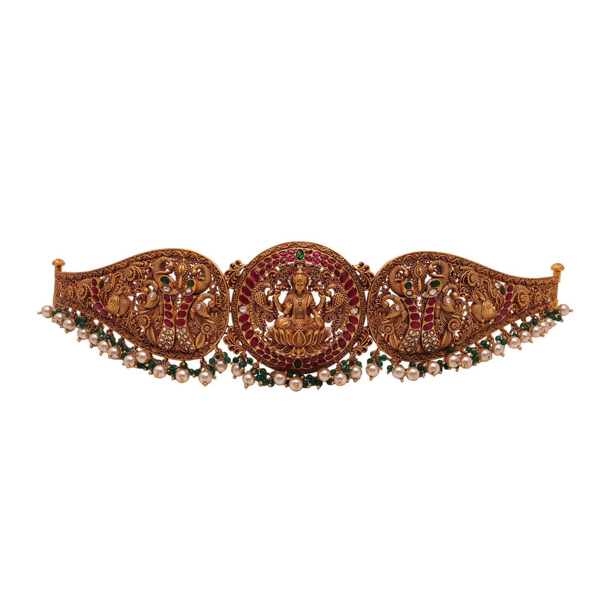 3D Laxmi Belt REd/Green/White Stone Pearl Green beads Hanging
