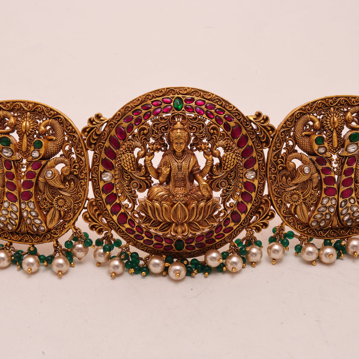 3D Laxmi Belt REd/Green/White Stone Pearl Green beads Hanging