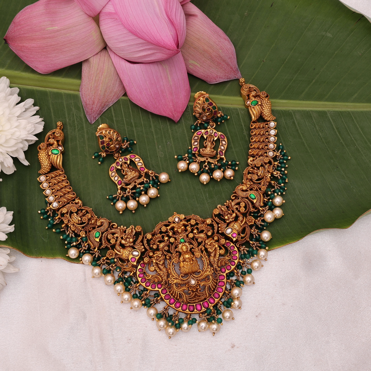 3D Laxmi Necklace Pink/Red/White Stone